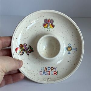 Vintage Ceramic Egg Cup Holder Wide Rim Plate Happy Easter Children's Set of 2